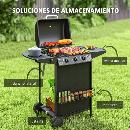Outsunny Barbacoa De Gas Con 3+1 Quemadores 9,5 Kw Termómetro Mesa Lateral Negro