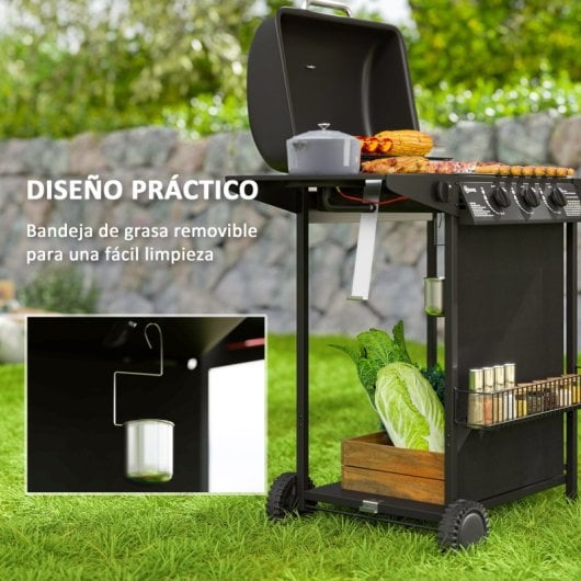 Outsunny Barbacoa De Gas Con 3+1 Quemadores 9,5 Kw Termómetro Mesa Lateral Negro