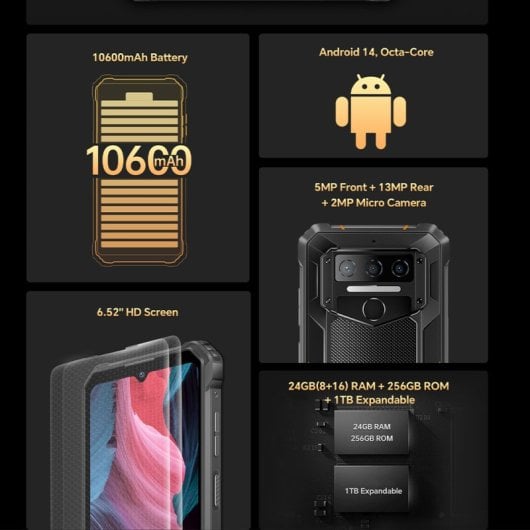 Oukitel WP23 Plus 24 Go RAM 256 Go Batterie 10600 mAh Résistant Double SIM NFC