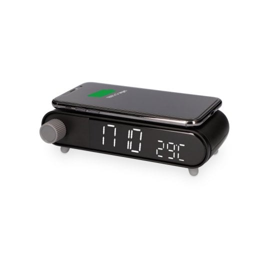 Sveglia con caricabatterie wireless Ksix da 10 W, tecnologia Qi, indicatore di temperatura, nero