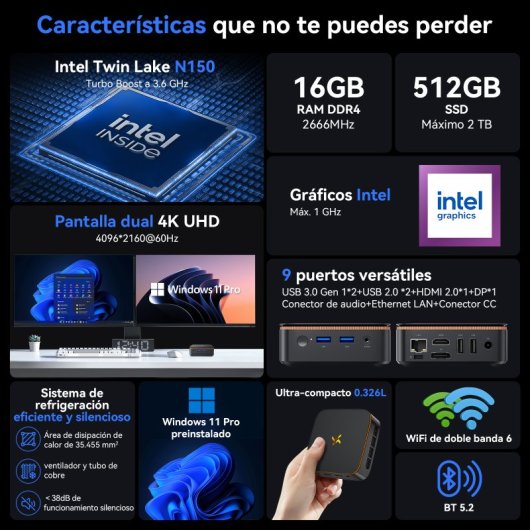 Huidun H50 Mini Intel N150 16GB 512GB SSD WiFi 6 Windows 11