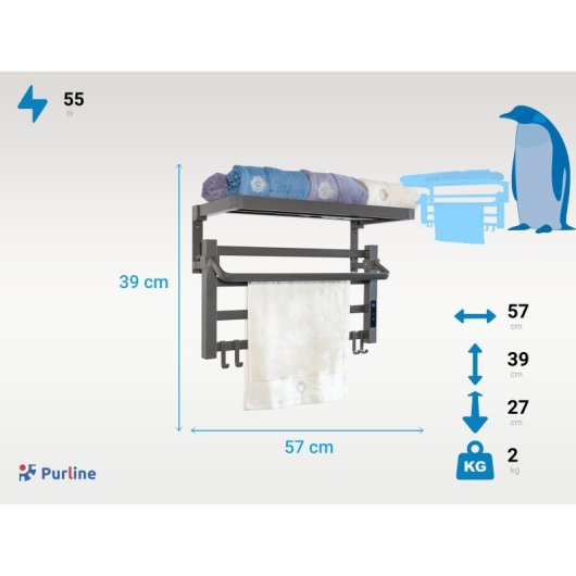 Toallero eléctrico Purline NTW-09 55W aluminio negro ultra silencioso control táctil portátil