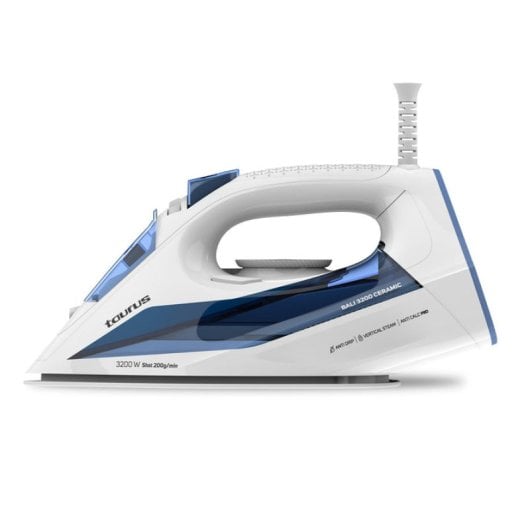 Plancha Taurus 3200W Azul Blanco Golpe Vapor 200g/min Calentamiento Rápido Suela Cerámica