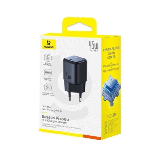Adaptador de Corriente Baseus PicoGo GaN Ultra-Mini USB-C 45W Negro carga rápida