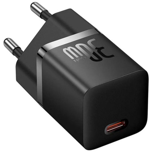 Cargador Baseus GaN5 30W Mini USB-C Carga rápida, protección múltiple, negro