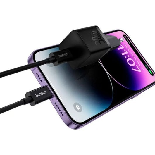 Cargador Baseus GaN5 30W Mini USB-C Carga rápida, protección múltiple, negro