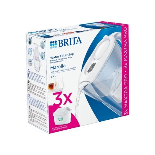 Carafe blanche Brita Marella 2,4 L + 3 filtres Maxtra Pro avec indicateur numérique