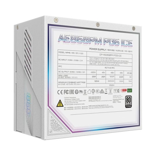 Fuente de Alimentación GIGABYTE 850W 80 PLUS Platinum GP-AE850PM PG5 ICE Modular PCIe 5.0 ATX 3.0 Blanca