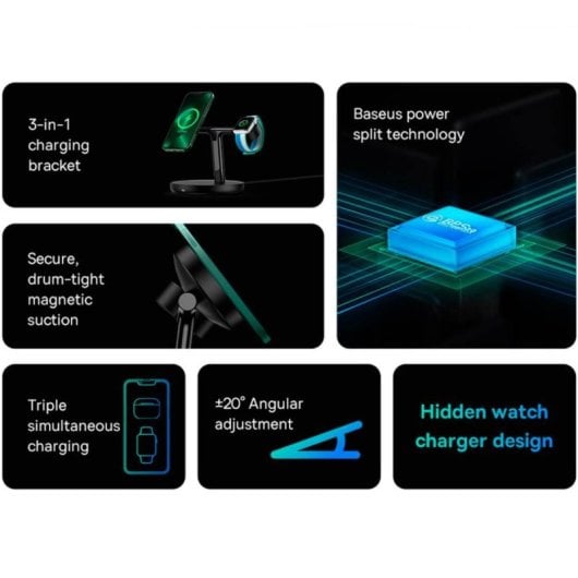 Baseus Swan 3 in 1 Caricabatterie wireless MagSafe da 20 W con supporto regolabile, nero