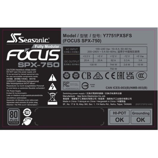 Alimentation Seasonic 750 W 80 PLUS Platinum FOCUS SPX-750 modulaire 4 PCIe Advanced Protection