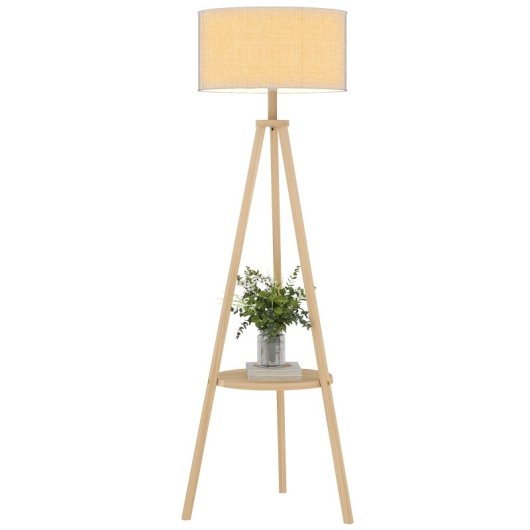 Homcom Candeeiro De Pé Tripé Com Prateleira Estrutura De Madeira e Ecrã Cinzento