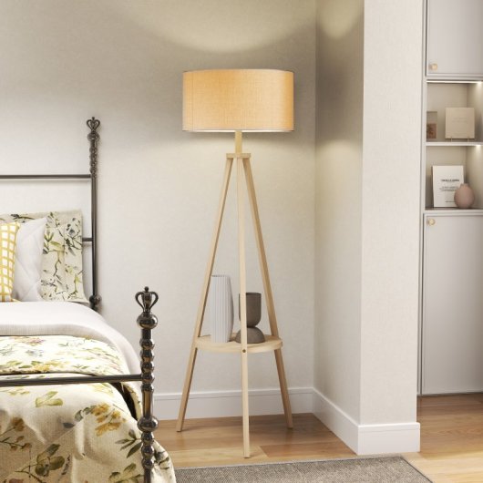 Homcom Candeeiro De Pé Tripé Com Prateleira Estrutura De Madeira e Ecrã Cinzento