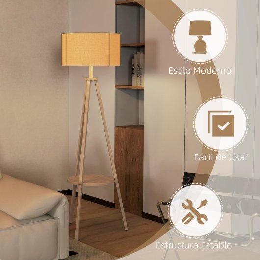 Homcom Candeeiro De Pé Tripé Com Prateleira Estrutura De Madeira e Ecrã Cinzento