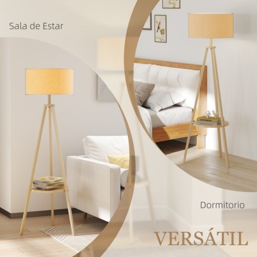 Homcom Candeeiro De Pé Tripé Com Prateleira Estrutura De Madeira e Ecrã Cinzento