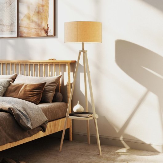 Homcom Candeeiro De Pé Tripé Com Prateleira Estrutura De Madeira e Ecrã Cinzento