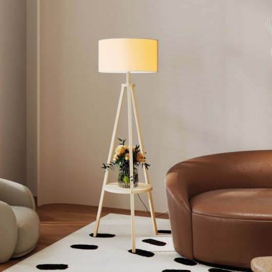 Homcom Candeeiro De Pé Tripé Com Prateleira Estrutura De Madeira e Ecrã Cinzento