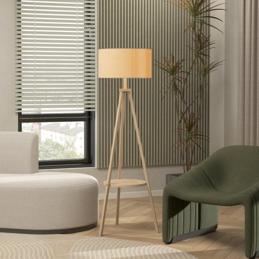 Homcom Candeeiro De Pé Tripé Com Prateleira Estrutura De Madeira e Ecrã Cinzento