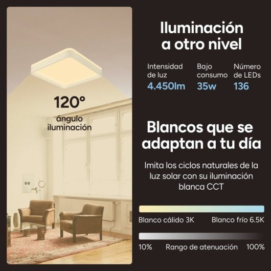 Ksix Stellar Plus Plafón Smartled, Cuadrado, Altavoz, Rgbic + Cct, 49x49x7,5cm, 4450 Lm, 35w, App Tuya, Blanco