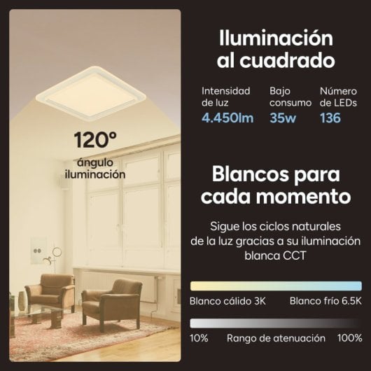 Ksix Celeste Plafón Smartled, Diseño Cuadrado, Altavoz, Rgbic + Cct, 48,5 X 48,5 X 9 Cm, 4450 Lm, 35w, App Tuya, Blanco