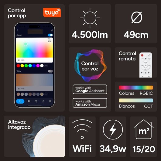 Plafoniera Ksix Sfera SmartLED, design rotondo, altoparlante, RGBIC + CCT, Ø49x8cm, 4500 Lm, 34,9 W, app Tuya, bianco