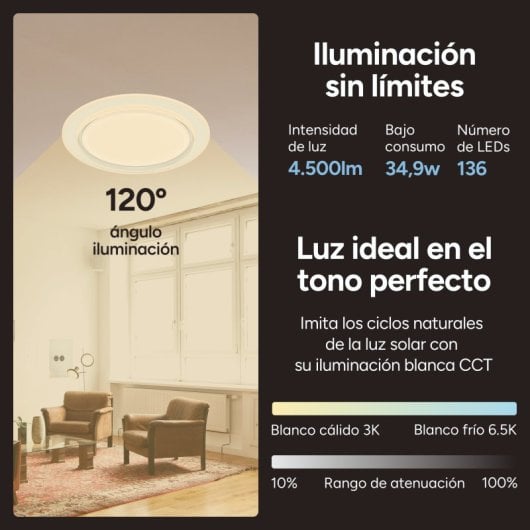 Plafoniera Ksix Sfera SmartLED, design rotondo, altoparlante, RGBIC + CCT, Ø49x8cm, 4500 Lm, 34,9 W, app Tuya, bianco