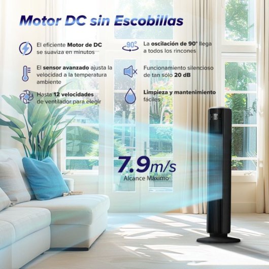 Ventoinha de Torre Levoit TempSense 36 DC, 12 Velocidades, 20 dBA, Controlo Remoto