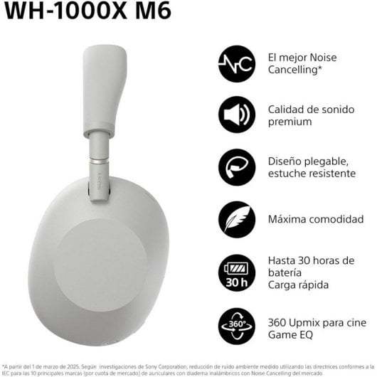 Sony WH-1000XM6 Auscultadores Sem Fios Bluetooth Noise Cancelling Hi-Res Audio Prateados