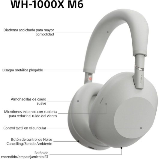 Sony WH-1000XM6 Auscultadores Sem Fios Bluetooth Noise Cancelling Hi-Res Audio Prateados