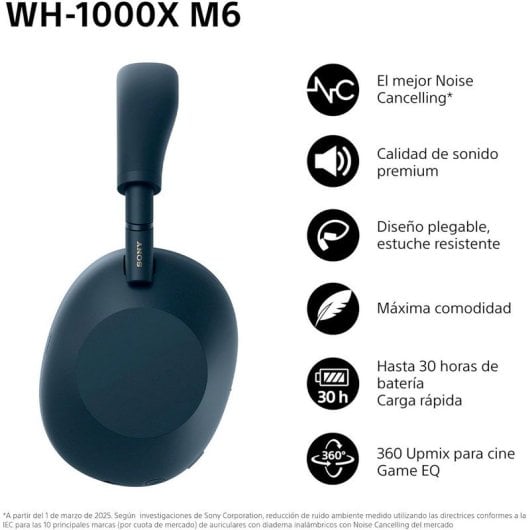 Casque Bluetooth Sony WH-1000XM6 à réduction de bruit, audio haute résolution, bleu nuit