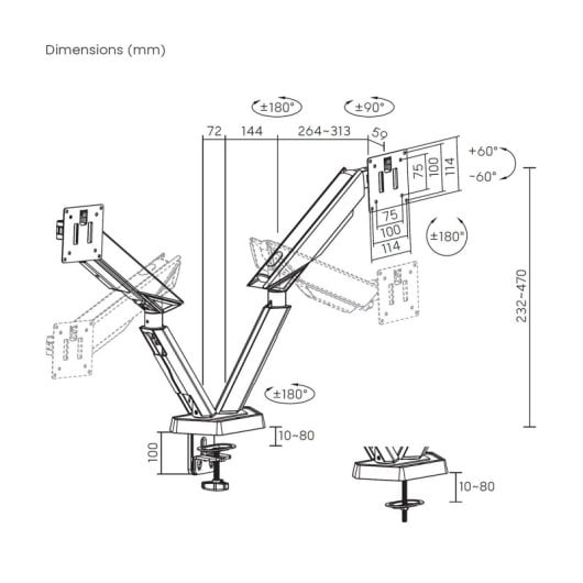 Suporte de mesa para jogos AISENS DT38TSR-345 giratório com inclinação em alumínio e aço até 2x38” 16 kg/braço