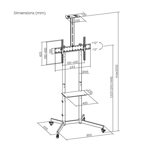 Support de sol AISENS WT70TSR-R avec roulettes, inclinable, VESA 600 x 400, jusqu'à 45 kg, noir
