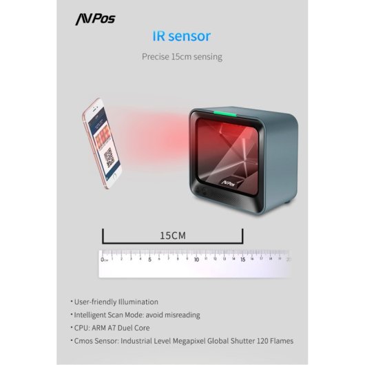 Leitor de código de barras USB CMOS fixo 1D/2D AVPos BP760 com proteção contra quedas, preto
