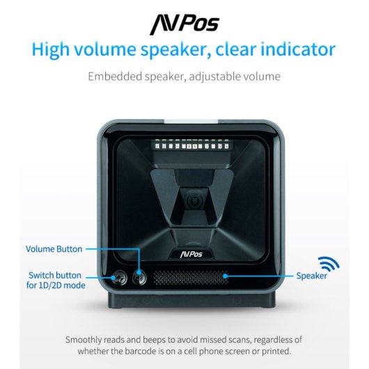 Leitor de código de barras USB CMOS fixo 1D/2D AVPos BP760 com proteção contra quedas, preto