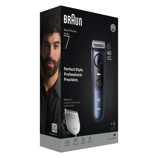 Tondeuse Barbe Visage Braun BeardTrimmer 7 BT7520 Sans Fil 120min Sec et Mouillé 40 Réglages Sabots Charge Rapide