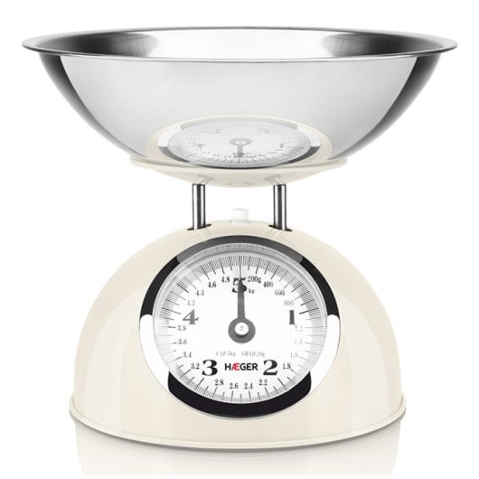 Báscula de cocina Haeger mecánica 5 kg tazón extraíble acero y crema