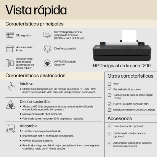 Impresora Inyección de tinta Wi-Fi HP DesignJet T250 24? Corte de hojas, AirPrint