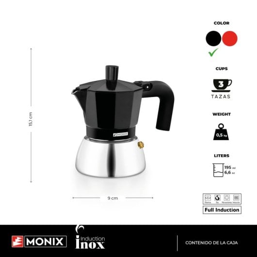 Monix Induction Inox M863003 3-Tassen 0,195L schwarze italienische Kaffeemaschine, induktionskompatibel