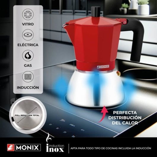 Cafeteira Italiana Monix Induction Inox 3 Chávenas 0,195L Full Induction Aço Inoxidável Vermelha