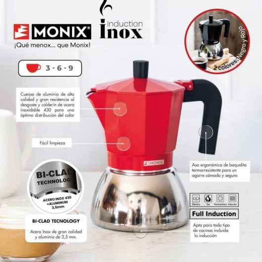 Monix Induction Italienische Kaffeemaschine, Edelstahl, 9 Tassen, 0,47 l, Rot, für Induktion