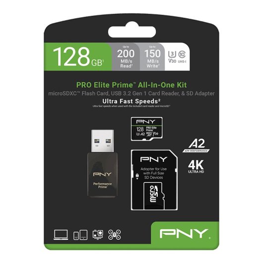 Tarjeta MicroSDXC PNY PRO Elite Prime 128GB 200MB/s UHS-I U3 V30 A2 con Adaptador SD