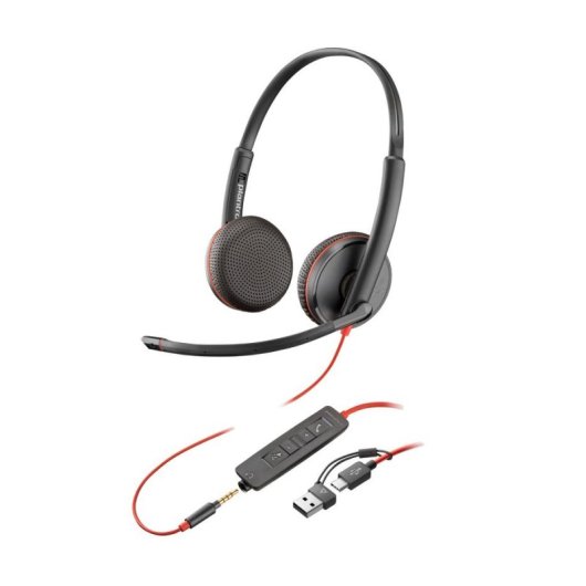 Auriculares Poly Blackwire 3225 com fio USB-C e 3,5 mm para escritório, microfone Boom, SoundGuard DIGITAL, preto