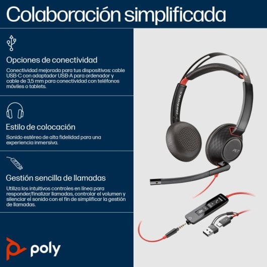 Auriculares Poly con cable USB-C y 3.5mm, Cancelación de Ruido y Micrófono Boom
