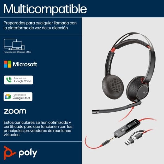 Auriculares Poly con cable USB-C y 3.5mm, Cancelación de Ruido y Micrófono Boom