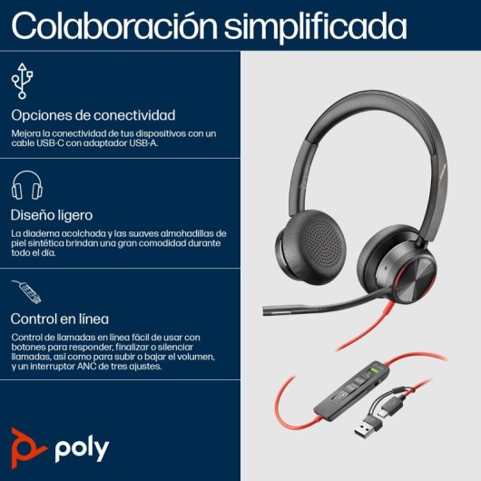 Auriculares Poly con cable USB-C y USB-A con Cancelación de Ruido y Micrófono Acoustic Fence