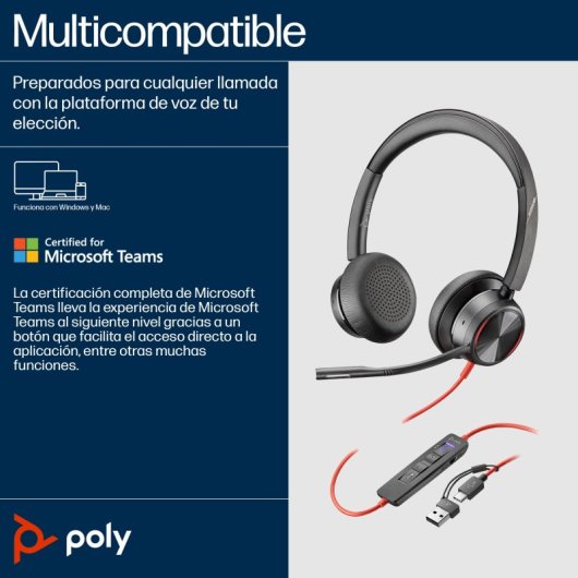 Auriculares Poly con cable USB-C y USB-A con Cancelación de Ruido y Micrófono Acoustic Fence