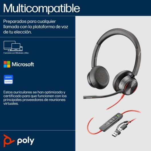 Auriculares Poly con cable USB-C y USB-A con Cancelación de Ruido y Micrófono Acoustic Fence