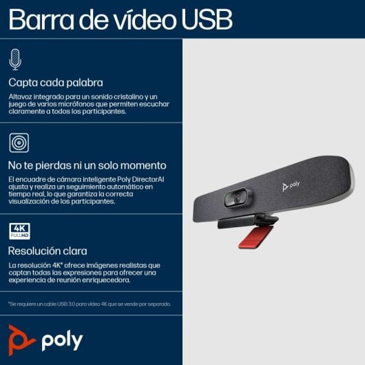 Barra de videoconferência Poly 4K Ultra HD com zoom digital de 5x, Wi-Fi, Bluetooth e áudio avançado