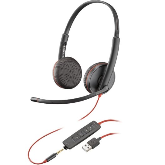 Auriculares Poly con cable, micrófono flexible y funda, oficina y call center