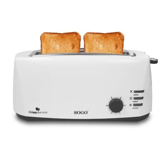 Sogo 2-Schlitz-Langtoaster, 1400W, weiß, Drehregler, Aufwärm- und Auftaufunktion