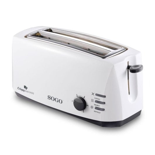 Sogo 2-Schlitz-Langtoaster, 1400W, weiß, Drehregler, Aufwärm- und Auftaufunktion
